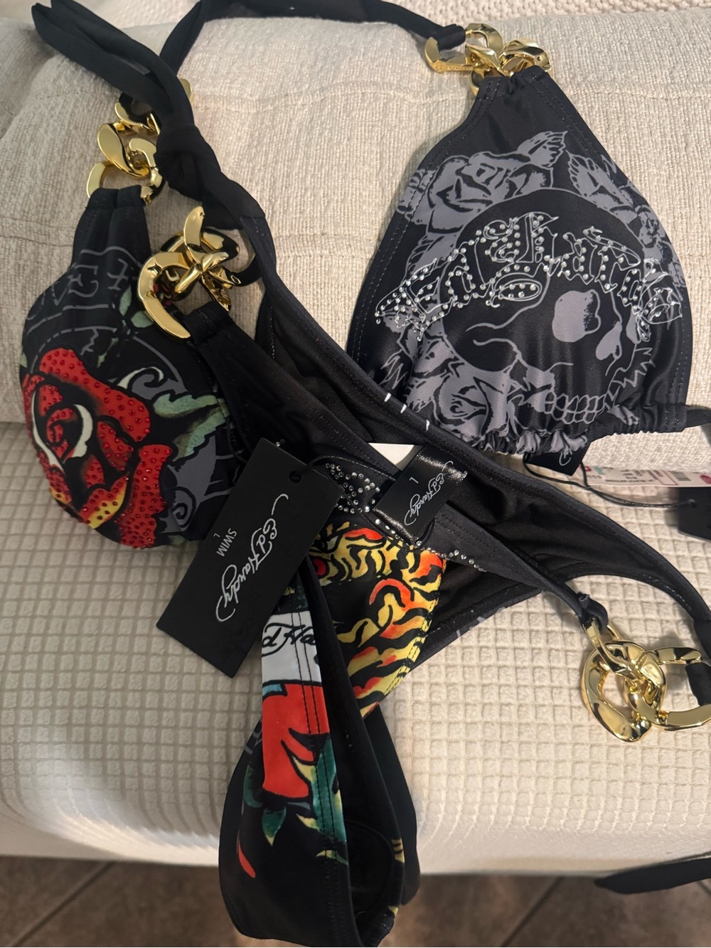 Sinful Women's Black Floral & Skull Bikini Top with Gold Hardware